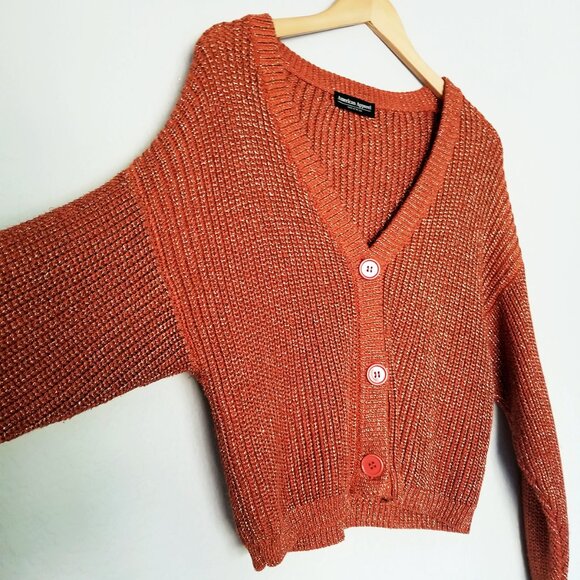American Apparel Chunky Knit Metallic Cardigan Crop One Size Bronze Shimmer USA - Picture 12 of 16